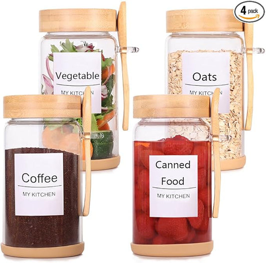 SAIOOL 4 Pack Glass Storage Containers with Bamboo Lids and Spoon,Overnight Oats Containers with Lids,with Anti Slip Silicone Base,Seasoning Organizer,Spice Jars (Bamboo 18.6OZ*4)