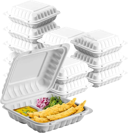 8X8X3 3-Compartment 50 Pcs Plastic Clamshell Takeout Food Trays Heavy Duty Disposable Box For Pasta Salad Sandwich Meal Prep Packaging Catering Hinged Containers With Secure Snap Lid