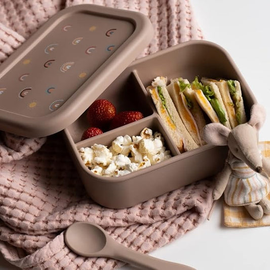 Silicone Bento Box For Kids And Toddlers - 3 Leakproof Compartments - Dishwasher, Oven And Microwave Safe - Eco friendly BPA free - For Daycare Elementary School Lunch, Snacks (Rainbow Sand)