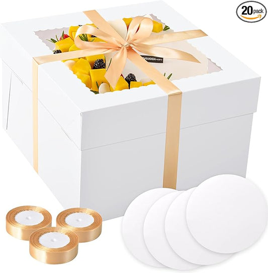KPOSIYA 40pcs 12x12x8 inches Cake Boxes with Cake Boards（20 Boxes & 20 Boards）, White 12 inch Cake Boxes with Window,Cajas Pasteles Square Cardboard Cake Containers for Christmas Thanksgiving