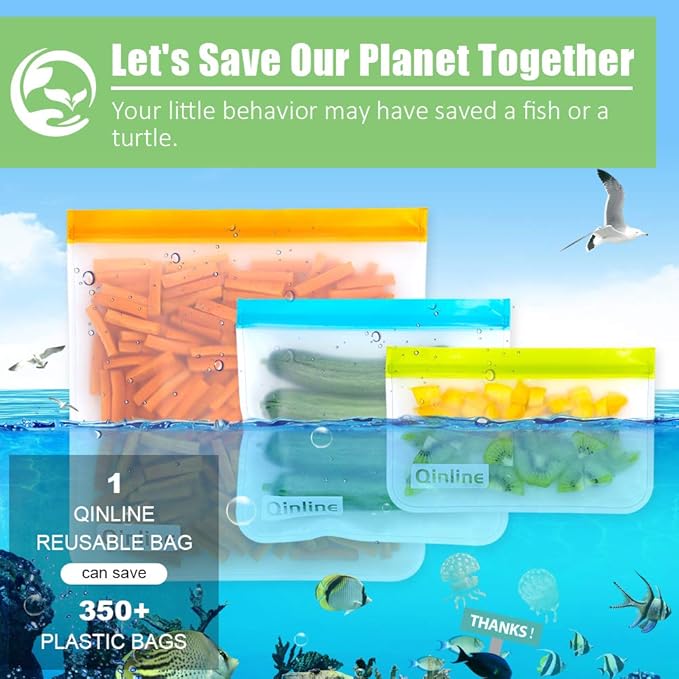 Reusable Food Storage Bags - 24 Pack Freezer Bags, Reusable Bags Silicone, Extra Thick Leakproof Reusable Lunch Bag for Salad Fruit Marinate Meats - 8 Gallon 8 Sandwich 8 Snack Bags