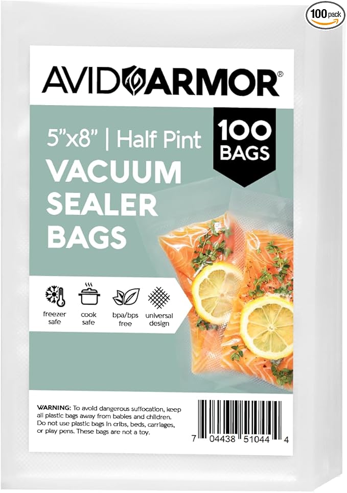 Avid Armor Small Pint Size Vacuum Sealer Bags, Vac Seal Bags for Food Storage, Meal Saver Freezer Vacuum Sealer Bags, Sous Vide Bags Vacuum Sealer, Non-BPA, 5 x 8 inches, Pack of 100