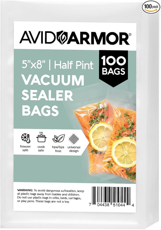Avid Armor Small Pint Size Vacuum Sealer Bags, Vac Seal Bags for Food Storage, Meal Saver Freezer Vacuum Sealer Bags, Sous Vide Bags Vacuum Sealer, Non-BPA, 5 x 8 inches, Pack of 100