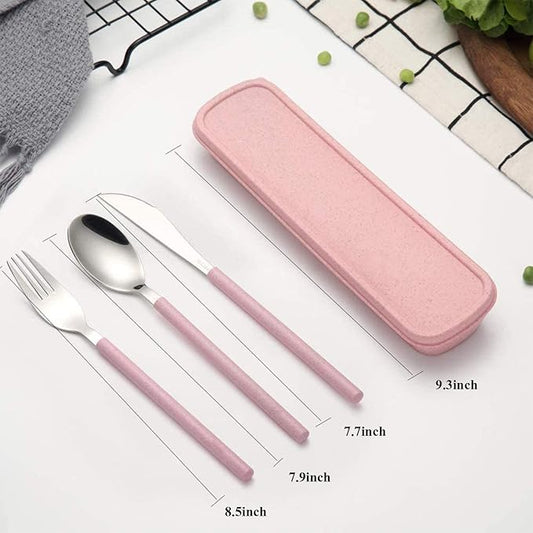 Portable Travel Utensils Set with Case ，18/8 Stainless Steel Silverware Sets with Colored Handle，Reusable Utensil Set Include Knife Fork and Spoon for Lunch Box and Camping (Pink&Blue-2 Sets)