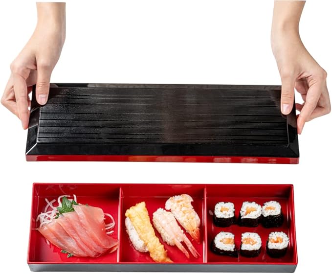 Restaurantware-14 x 4.6 x 2.4 Inch Compartment Lunch Container, 1 Japanese Style Adult Lunch Container - With 3 Compartments, Greaseproof, Black & Red Plastic Divided Lunch Box, For Hot & Cold Food