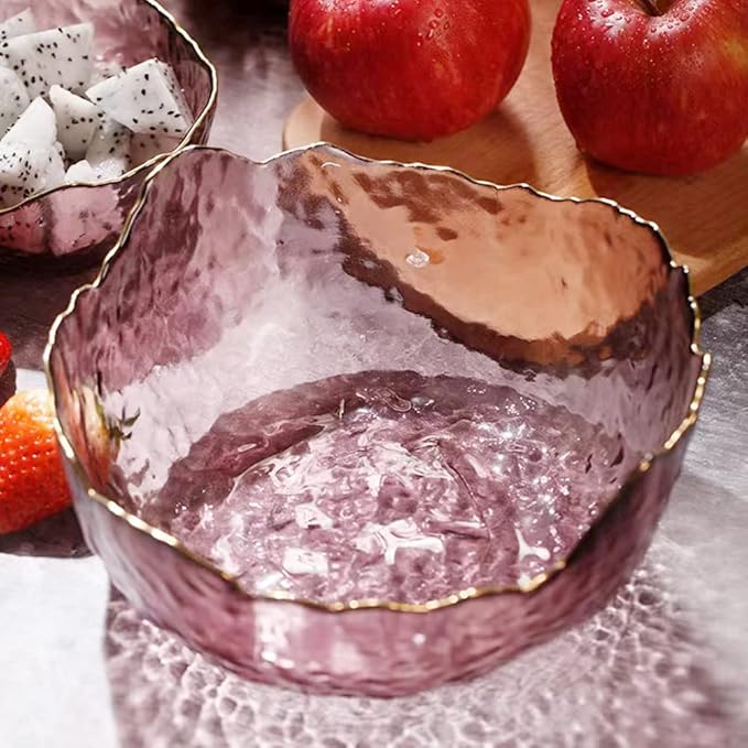 Glass Salad Bowls Set of 3, Space-saving Nesting Bowls, Irregular Shape Decorative Cereal Container, Glass Cooking Bowls, Glass Prep Bowls For Fruit, Dessert, Freezer Safe (Purple Pink)