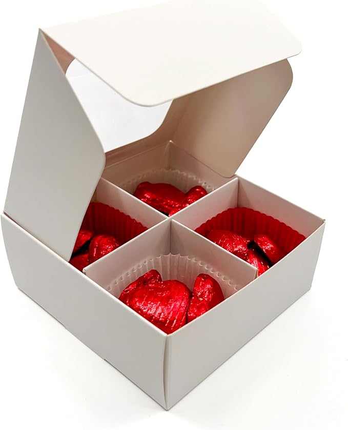 Treat boxes with window and dividers | 4 SMALL compartments | 4.5 x 4.5 x 1.9 in | Chocolate covered strawberries supplies, macaron boxes, baked goods packaging | 20-pack (White)