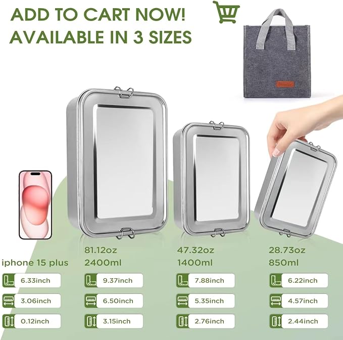 304 Stainless Steel Bento Box 3 Pack Stainless Steel Containers With Lids 81oz/47oz/29oz,Leak-Proof & Stackable Storage Stainless Steel Food Storage Containers for Soup Salad Leftover