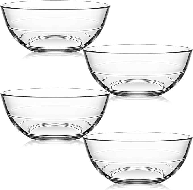 NUTRIIUPS 4 Pack Tempered Glass Prep Bowls, Clear Glass Bowl Set 6.6 Inch, Glass Salad Bowls for Kitchen Microwave and Oven Safe