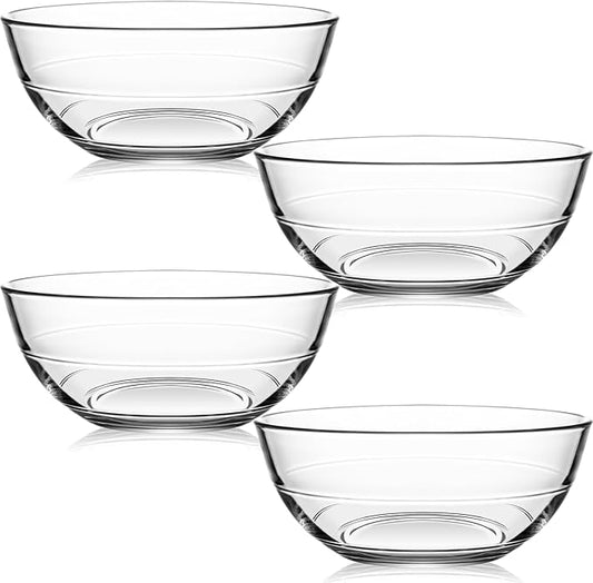 NUTRIIUPS 4 Pack Tempered Glass Prep Bowls, Clear Glass Bowl Set 6.6 Inch, Glass Salad Bowls for Kitchen Microwave and Oven Safe