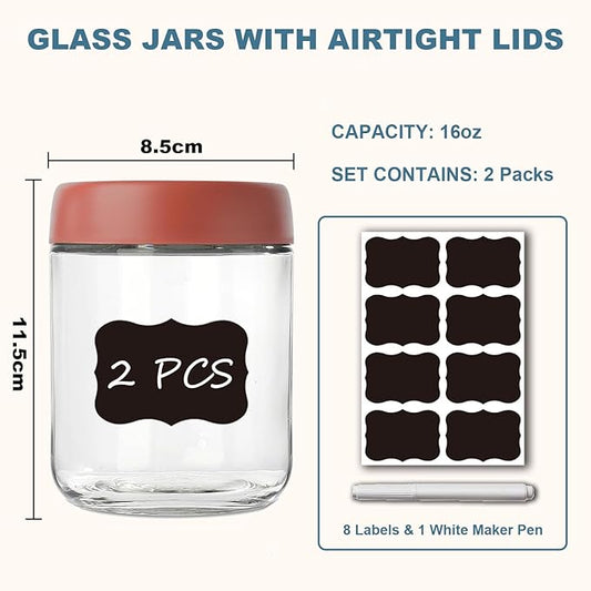 Glass Jars with Lids 2 Pack 16oz Overnight Oats Snack Pudding Yogurt Container Cereal Salad Meal Prep Portion Control Food Storage Cups Bowls Airtight with Stickers and Marker