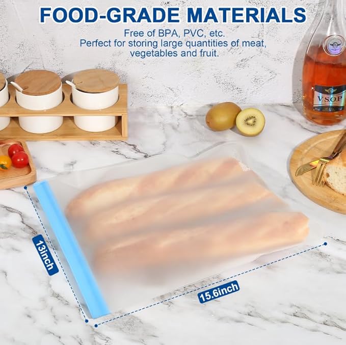 Lerine Reusable 2 Gallon Freezer Bags Dishwasher Safe, Reusable Freezer Bags 2Gallon Large Capacity, Leakproof BPA Free Food Storage Bags for Marinate Meats (Gray, 10 Pack 2 Gallon Bags)