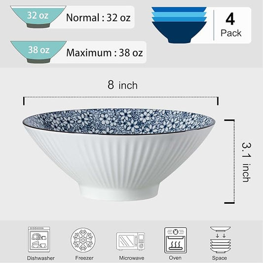 38 oz Japanese Ramen Bowls Set of 4, Large Pho Bowls, 8 Inch Ceramic Blue and White Soup Bowls, Floral Pattern