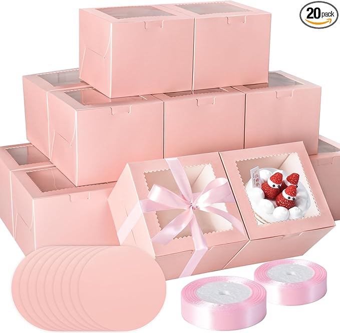 KPOSIYA 40pcs 6x6x5 inch Mini Cake Boxes with Cake Boards (20 Boxes & 20 Boards), Pink Bakery Box with Window for Treat Dessert Pastry Donuts Macaroon Strawberries Chocolate Candy