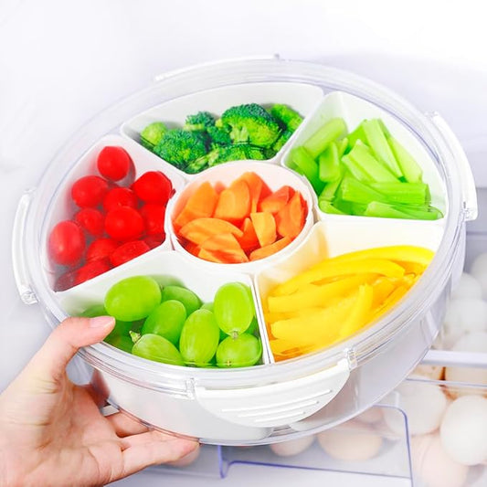 Veggie Tray With Lid for Fridge Organizer Bins Divided Snackle Box Container with 6 Compartments for Party Serving Platter, Fruit Tray with dip, Snack Storage, Reusable Meal Prep