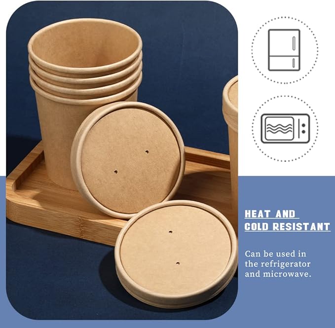 16 oz 50 Pack Pack Paper Soup, Foods or Ice Cream Containers with Lids, Disposable Paper Food Cups, Soup Storage, Ice Cream Cups, Great For Restaurants or To-Go Lunch