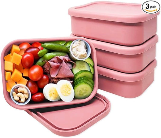 Perfect Portion 3-Pack Silicone Bento Boxes - Leakproof, Single-Compartment Lunch Containers, BPA-Free, Dishwasher, Oven & Fridge Safe, Dry Erase Marker Friendly - Pink