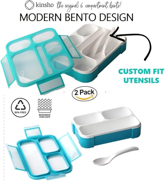 Bento Lunch-Box Set for Kids includes Snack Container | 6 and 3 Compartment Boxes Leakproof School Bentos or Meal Portion Control Containers BPA Free, Boys Girls Adults, Teal Large + MINI 2 pack