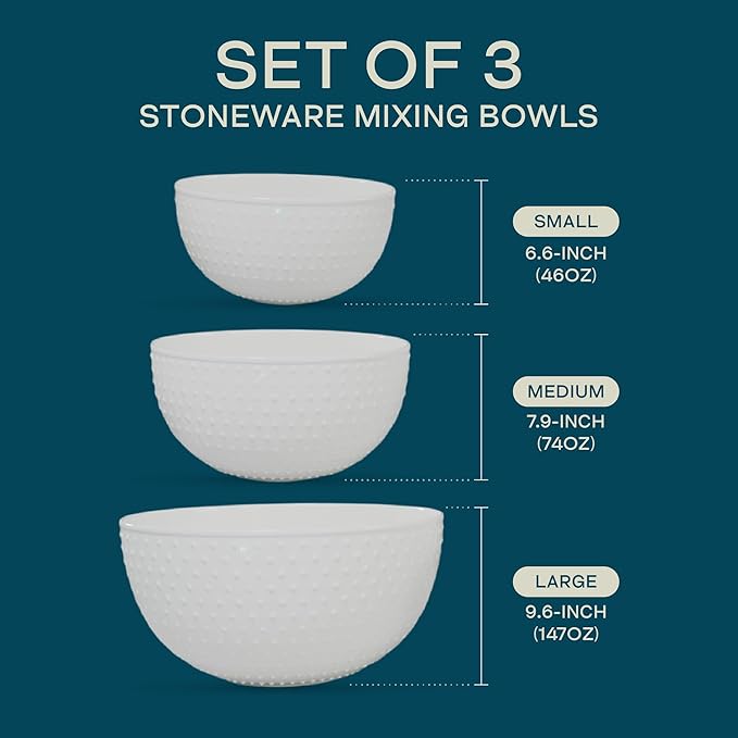 Gibson Elite 3-Piece Stoneware Mixing Bowl Set, 6.8", 8", 9.8" - Modern Stoneware Dishware, Dishwasher Safe & Microwave Safe - Space-Saving & Stackable Bowl Set for Cooking, Baking, Serving (White)