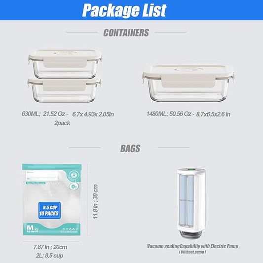 18 PCS Electric Vacuum Sealer, Borosilicate Glass Food Storage Containers, Premium Airtight, Portable Mini Vacuum Pump with 3 Containers, 10 Reusable Food Saver Sealer Bags,4 Sealing Clips