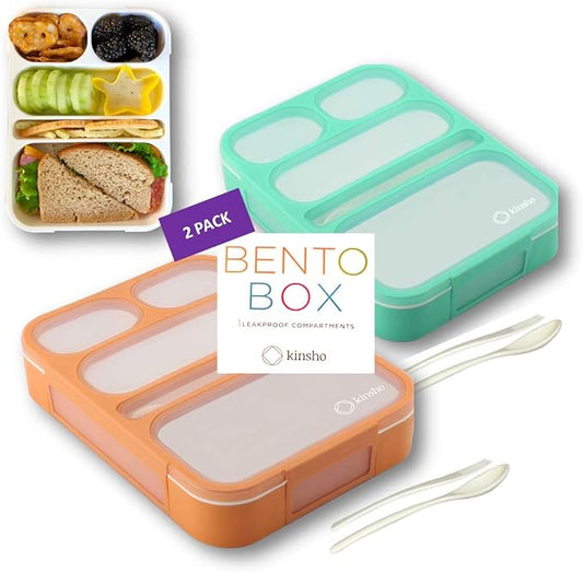 Kinsho Bento Box for Adults and Kids, Leakproof Lunch-Boxes with Custom Fit Spoon and Fork, Portion Control Container, BPA Free, Green + Orange, 5 Compartments, 2 Pack