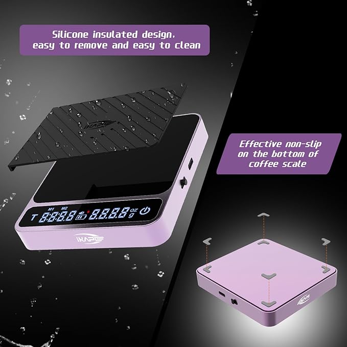 IKAPE Digital Coffee Scale, Premium Aluminium Espresso Scales with Timer, 2kg/0.1g High Precision Rechargeable Drip Espresso Scale with Tare Function, LED Display(Purple)