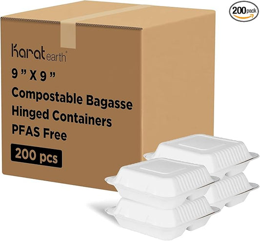 KARAT EARTH Clamshell Take Out Food Containers [9"x9", 200 ct ] 3 Compartments | Compostable To Go Containers, Natural Biodegradable Bagasse | White