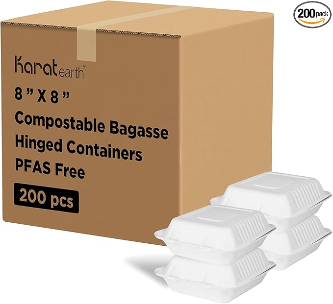 KARAT EARTH Clamshell Take Out Food Containers [8"x8", 200 ct ] Compostable To Go Containers, Natural Biodegradable Bagasse, Made of Sugarcane Fibers | White