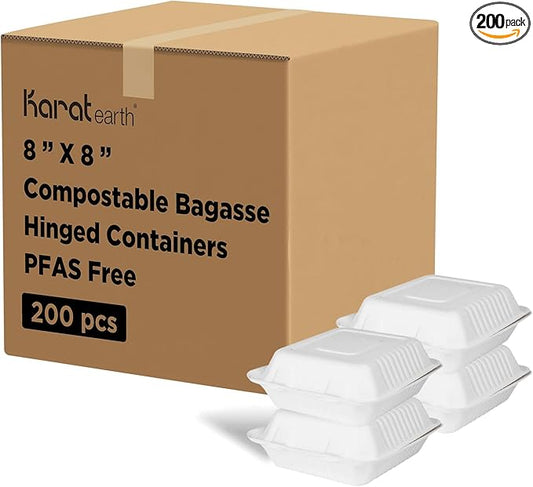 KARAT EARTH Clamshell Take Out Food Containers [8"x8", 200 ct ] Compostable To Go Containers, Natural Biodegradable Bagasse, Made of Sugarcane Fibers | White