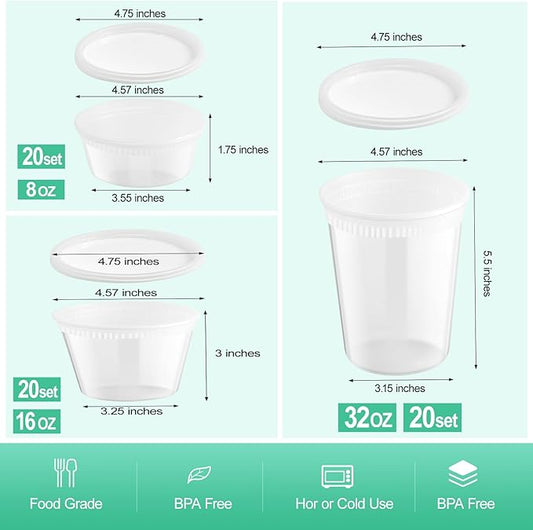 Blcculi 60 Set Deli Containers with Lids,Plastic Deli Food Storage Containers,Leakproof Soup Containers with Airtight Lids,Stackable,Dishwasher,Microwave Safe (8oz-20Set, 16oz-20 Set, 32oz-20 Set)