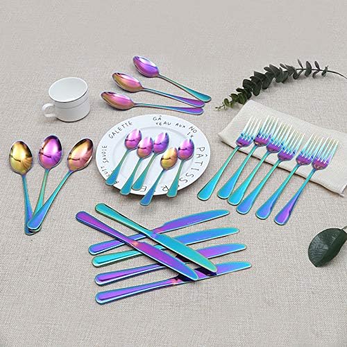 Lightahead 24pcs Rainbow colored Iridescent Stainless Steel Flatware Premier Quality Rainbow Colored Tableware Cutlery Set in attractive Black Gift Box (Multicolored)