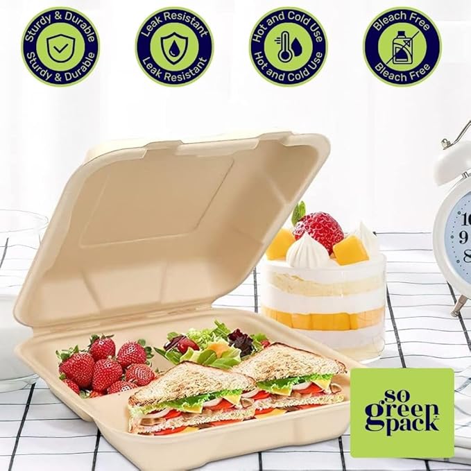 50 Packs Disposable 8x8 Clamshell with 3 Compartments Take-Out Container Compostable Biodegradable Bagasse & Eco-friendly To Go Container for Food