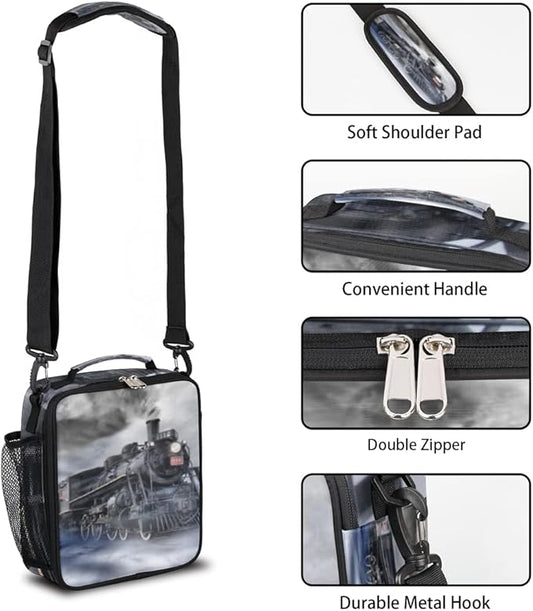 Express Locomotive Train Kids Lunch Box Vintage Train Insulated Lunch Bag Tote for Girls Boys Cooler Freezable Meal Prep Bag with Shoulder Strap Waterproof Lunch Container for School Office Picnic