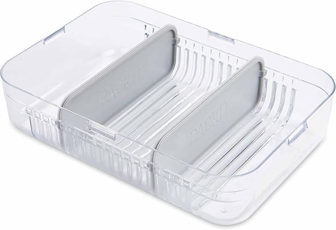 PackIt Mod Large Bento Food Storage Container, Steel Gray, Shatterproof Crystal Clear Base, with Leak-resistant Dividers, Lid, Microwavable, Dishwasher Safe, Designed for Storing Large Meal, Leftovers