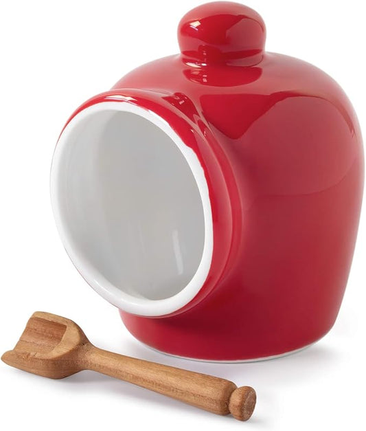 WM Bartleet & Sons 1750 T345R Traditional Porcelain Small Pig with Wooden Salt Serving Spoon-Red,9cm