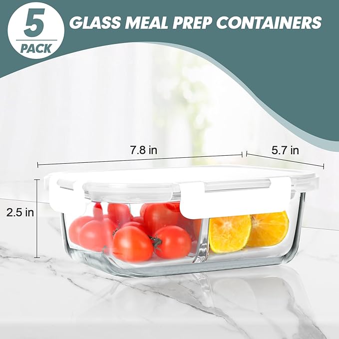 30 oz 5 Pack Glass Meal Prep Containers 2 Compartments, Glass Food Storage Containers with Lids, Airtight Glass Lunch Box, Microwave, Oven and Freezer Safe, White