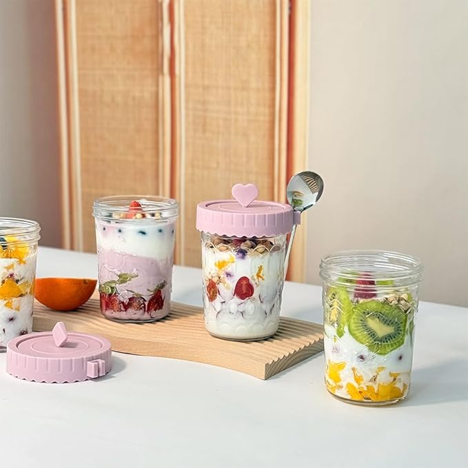 4 Pack Overnight Oats Containers With Lids and Spoons, 20 Oz Glass Oats Containers Jars, Leak Proof Mason Jars With Airtight Lids, Overnight Oat Jar For Milk, Cereal, Fruit