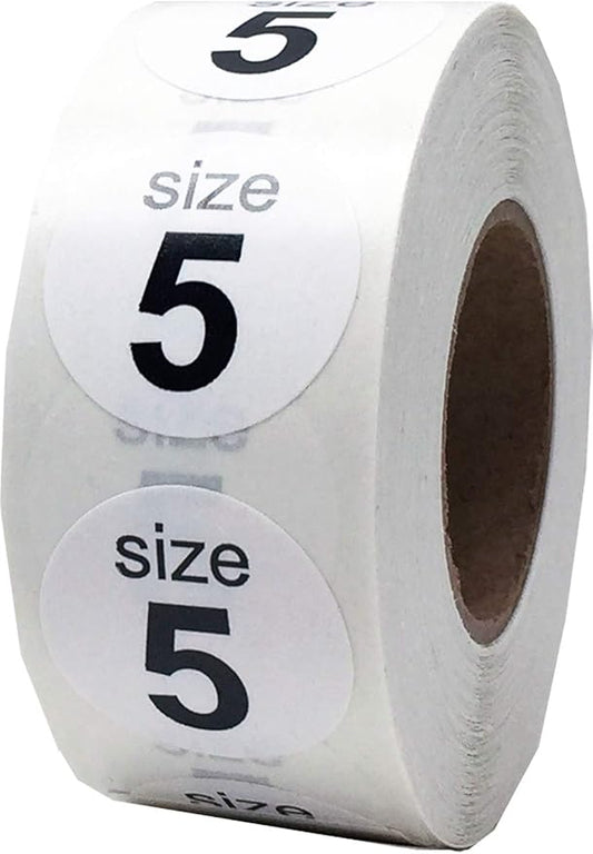 Shoe Size 5 White Stickers - 3/4 Inch Round, 500 Semi-Gloss Adhesive Labels Per Roll for Retail, Footwear Inventory, and Organization - Made in The USA