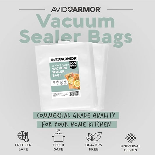 Avid Armor Vacuum Sealer Bags 100 Gallon 11"x16" for Food Saver, Seal a Meal Vac Sealers BPA Free, Heavy Duty Commercial Grade, Mea Prep and Sous Vide Vaccume Safe, Universal Design Pre-Cut Bag