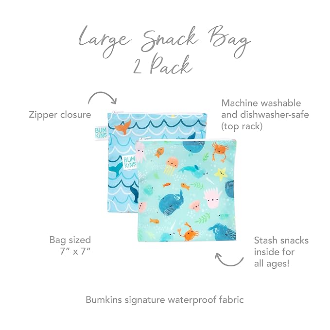 Bumkins Reusable Sandwich and Snack Bags, for Kids School Lunch and for Adults Portion, Washable Fabric, Waterproof Cloth Zip Bag, Travel Pouch, Food-Safe Storage, Large 2-pk Blue Ocean Life