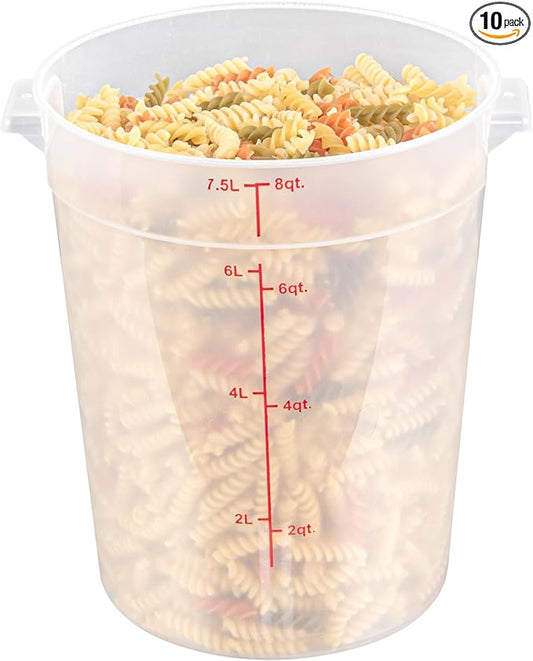 Restaurantware-Met Lux 8 Quart Food Storage Containers, 10 Translucent Storage Containers - Lids Sold Separately, Red Volume Markers, Dishwashable Containers, Side Handles, For Storing Foods