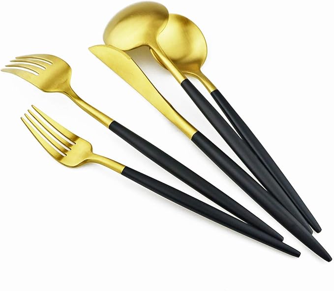 Black Gold Flatware, Royal 20 Piece Matte Black Handle 18/10 Stainless Steel Tableware Sets for 4 Including Forks Spoons Knives, Camping Silverware Travel Utensils Set Cutlery (Black Gold)