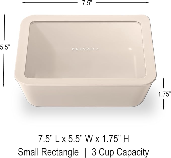 Ceramic Coated Glass Food Storage Container | No PTFE, PFOA, PFAS, and BPA | Reusable Non Toxic Meal Prep Container with Glass Lid | Easy To Store | 3 Cup Rectangle [Crema]