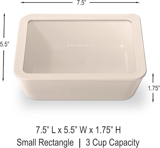 Ceramic Coated Glass Food Storage Container | No PTFE, PFOA, PFAS, and BPA | Reusable Non Toxic Meal Prep Container with Glass Lid | Easy To Store | 3 Cup Rectangle [Crema]