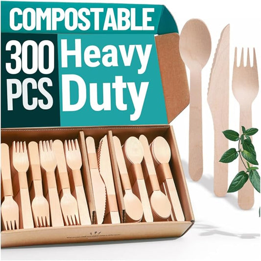 Disposable Wooden Cutlery Set - 300 pcs (150 Forks 100 Spoons 50 Knives) Compostable Utensils Set with Plastic-Free Packaging. Splinter-Free Compostable Cutlery Set for Parties & More