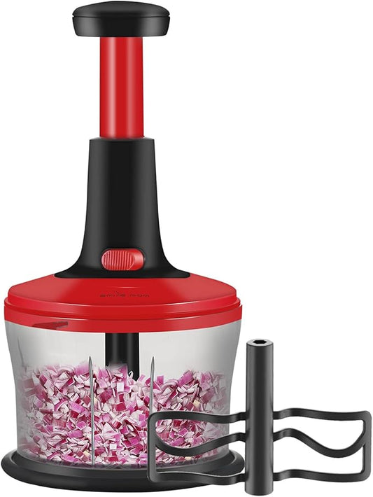 Smile mom Vegetable Chopper Food Chopper, Quick Hand Press Chopper Dicer, Pro Food Cutter, Easy to Chop Vegetables, Fruits, Herbs, Salsa, Puree, Pesto, ABS Food Grade Material 1.2L Red