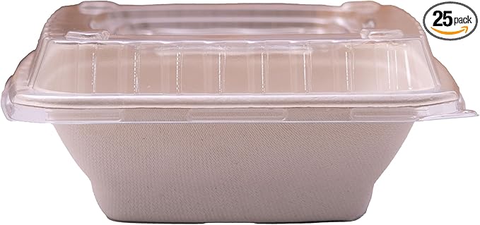 Paper Bowls 24 oz - Disposable Heavy Duty Compostable Square Bagasse Bowls for Salad, Chili, Poke, Burrito, Cereal, Pasta, Dessert, Biodegradable Meal Prep Containers with Lids, 25 Pack