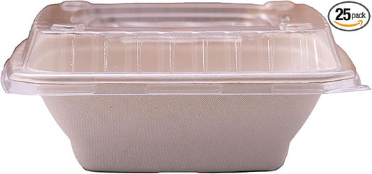 Paper Bowls 24 oz - Disposable Heavy Duty Compostable Square Bagasse Bowls for Salad, Chili, Poke, Burrito, Cereal, Pasta, Dessert, Biodegradable Meal Prep Containers with Lids, 25 Pack