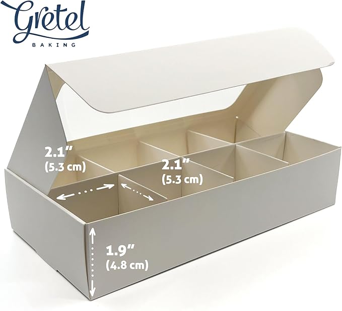 Treat boxes with window and dividers | 8 SMALL compartments | 8.75 x 4.5 x 1.9 in | Chocolate covered strawberries supplies, macaron boxes, baked goods packaging | 10-pack (White)