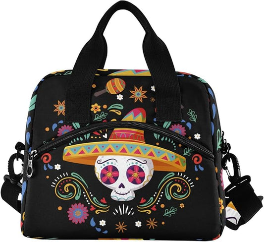 Cinco De Mayo Skull Insulated Lunch Bag Reusable Lunch Tote Bag Cooler Bag for Women Men Adult Lunch Box with Adjustable Shoulder Strap Leakproof Lunch Bag for Work School Picnic Camping